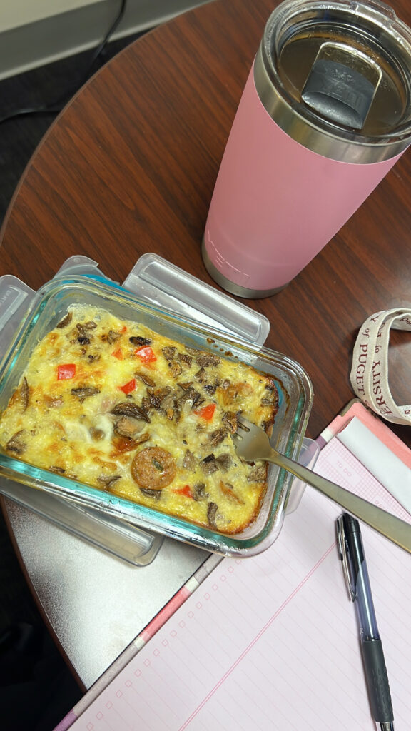 Premade egg dish: spray dish with avocado oil. Add  2 eggs + 1/2 c cottage cheese + sliced chicken sausage + veggies (I used mushrooms and bell peppers in this one) season and mix together.  Bake at 375 for about 30 minutes until golden on top. 